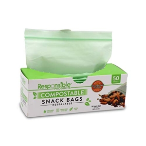 Responsible Products Certified Compostable SNACK Resealable Zip Bag, Extra Strength Food Bags, Plant-Based Freezer-Safe (50 Pack)